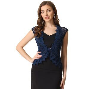 Floral Lace Shrug Wedding Guest Cap Sleeve Sheer Bolero Cardigan Dark Blue